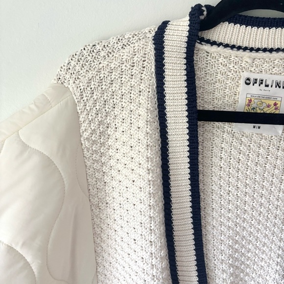 Offline by Aerie Quilted Knit Cardigan Puffer Cream Navy Oversized Sweater Cozy - Picture 5 of 12